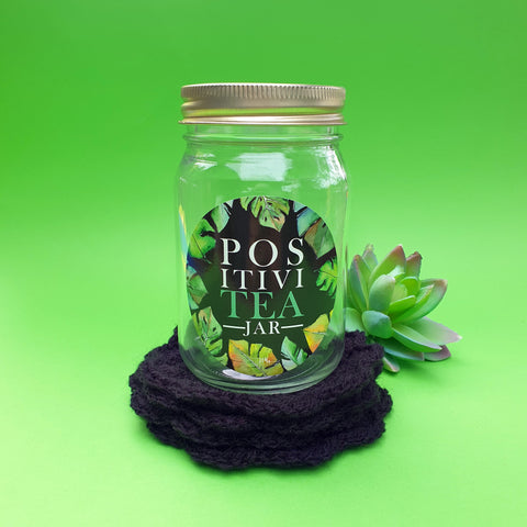 "PositiviTEA" jar with crochet coasters - black