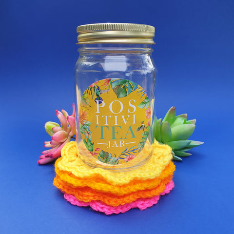 "PositiviTEA" jar with crochet coasters - yellow sunset