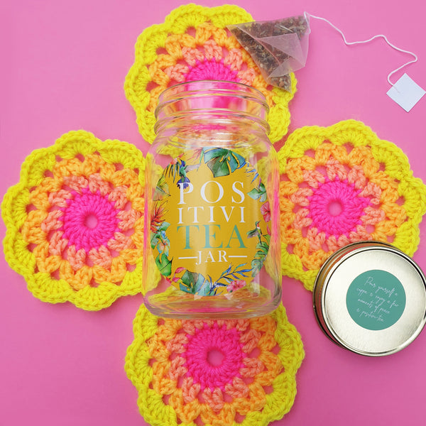"PositiviTEA" jar with crochet coasters - yellow sunrise