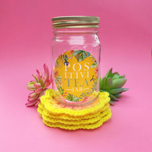 "PositiviTEA" jar with crochet coasters - yellow sunrise